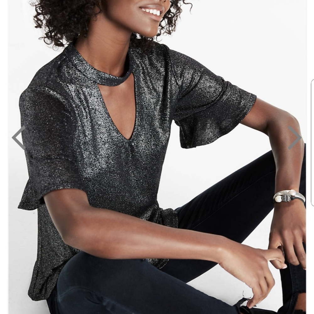 Lucky Brand Black Metallic Choker Tee Size Small